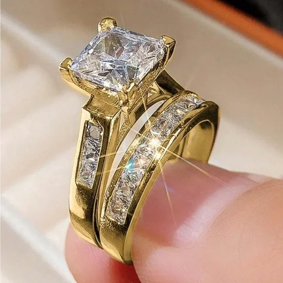 Princess Cut Moissanite Engagement and band set, 14K Yellow Gold Plated Set - Picture 8 of 11